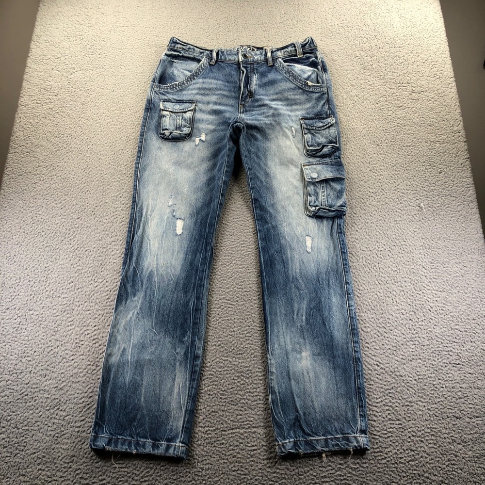 Prps Jeans Mens 34x33 Blue Cargo Distressed Faded Flap Pocket Straight Leg